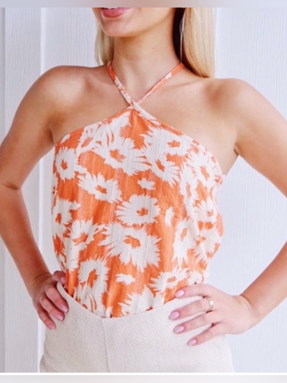 Olivaceous Orange and Cream Floral Halter Crop Top